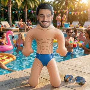 Op de afbeelding: Een opblaasbaar zwembadspeeltje in de vorm van een man met een lachend gezicht, gebruinde huid en een blauwe zwembroek. Het speelgoed heeft een gespierd torso-ontwerp. Zonnebrillen liggen op het zwembaddek voor het speelgoed.