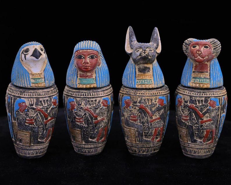 Set of 4 Ancient Egyptian Canopic Jars, Sons of Horus Statues, Burial ...