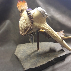 Hand Carved Elk Antler Sacred Ceremonial Pipe Embellished with a Goddess, Owl and Celtic Knot Carvings Citrine Jade and Holly Blue