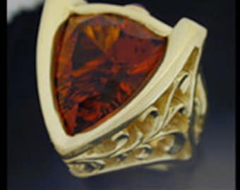 18 Kt. Yellow Gold  Ring set with 8.92 Carat Madiera Citrine Concave Faceted Trillion Cut  and Ruby One OF A Kind