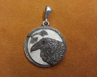 Raven in Pine Tree With Full Moon  Pendant Sterling with Black Jade Eye