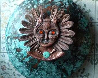 Hawk Spirit Wall Sculpture Hand Raised Chased and Repousse Copper with Sapphires Carnelians and Turquoise