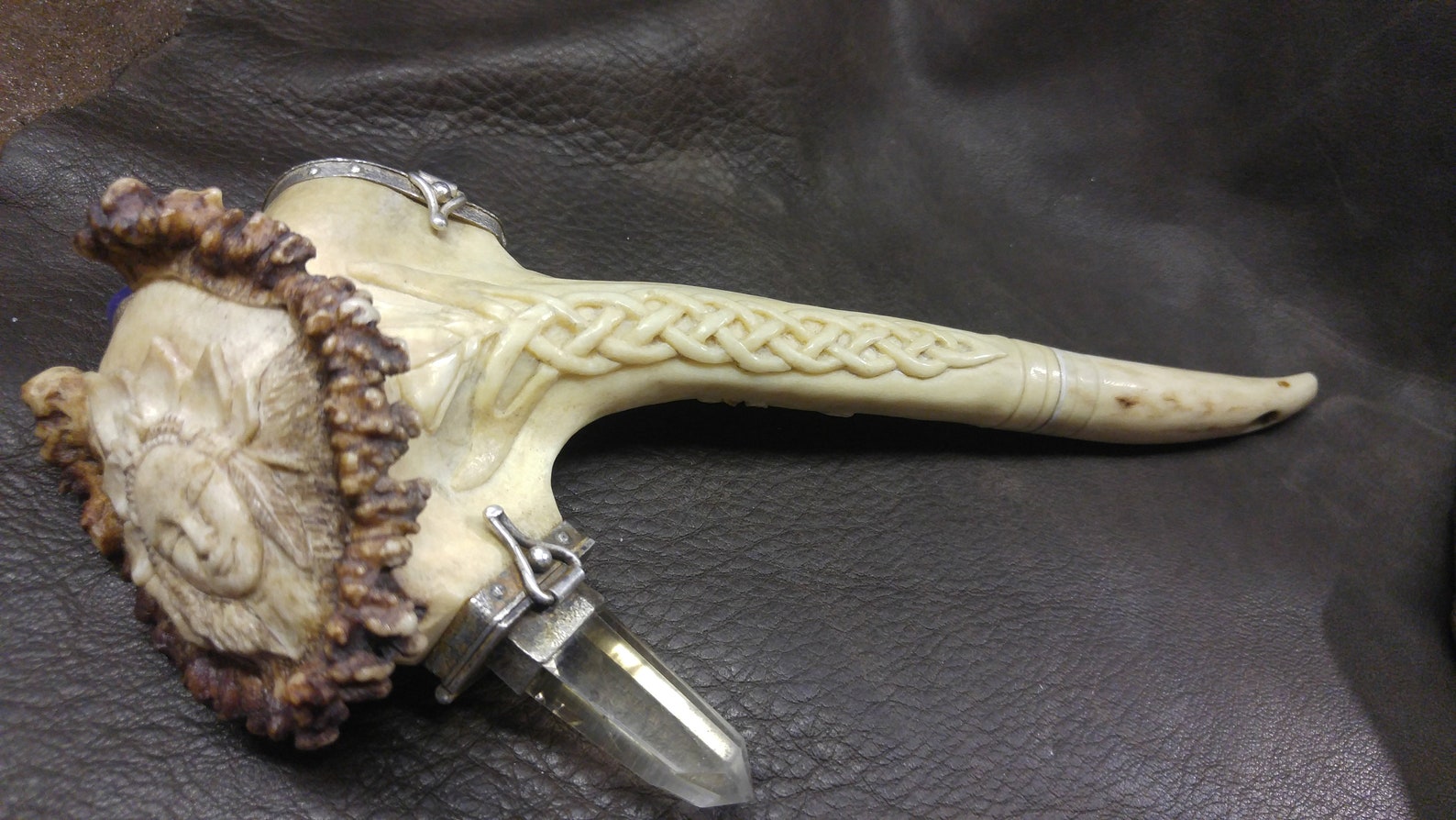 Hand Carved Elk Antler Sacred Ceremonial Pipe Embellished With a