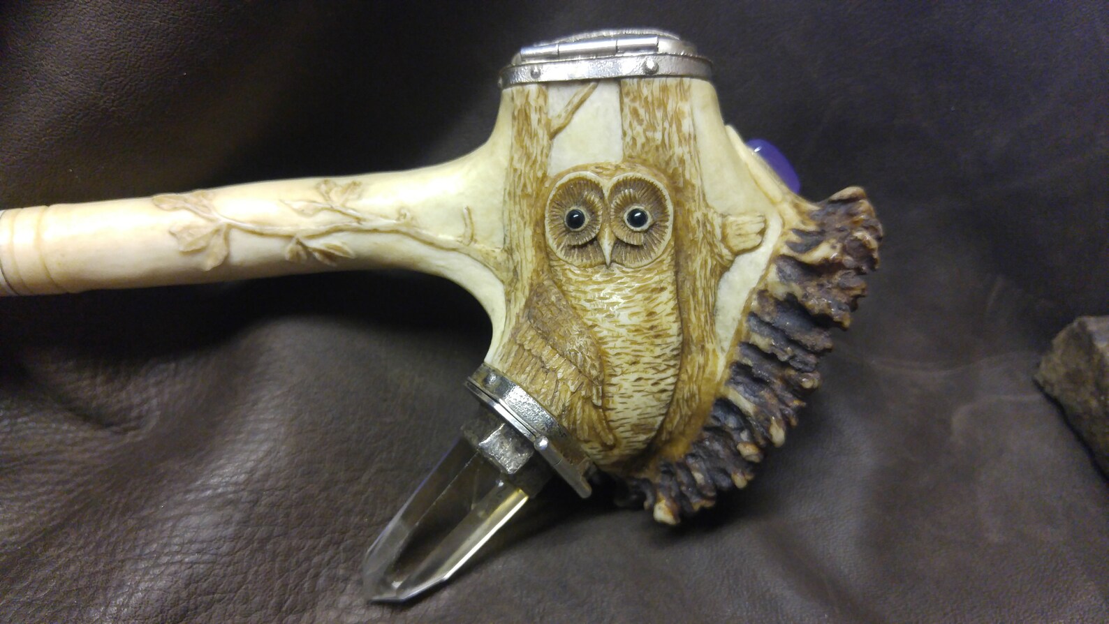 Hand Carved Elk Antler Sacred Ceremonial Pipe Embellished With a