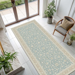 Vintage Powder Blue & Beige Bordered Runner Rug, Faded Oushak Style, Long Entryway Runner Carpet