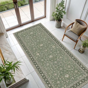Vintage Sage Oushak Runner Rug, Dusty Green Floral, Classic Anatolian, Turkish Style, Collected Home