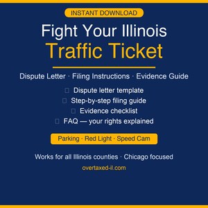 Op de afbeelding: Een marineblauwe afbeelding met gele tekst die luidt: "Fight Your Illinois Traffic Ticket." De afbeelding bevat een lijst met bronnen zoals een sjabloon voor een bezwaarschrift en indieningsinstructies. Trefwoorden: verkeersboete, Illinois, juridisch.