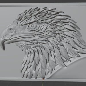 May include: A detailed, gray relief sculpture of an eagle's head in profile. The artwork features intricate feather detailing and a strong, hooked beak. The eagle is framed within a rectangular border, showcasing a classic, artistic style.