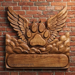 Pet Memorial Paw Print with Angel Wings 3D Relief Customizable Nameplate Wooden 3D STL Model for CNC Router Artcam  Aspire Dog Cat Loss