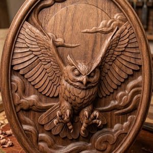 May include: An oval-shaped dark brown wooden wall plaque featuring a detailed relief carving of an owl in flight with wings spread wide. The owl is centered against a circular moon and stylized clouds. The text Digital Download - STL is visible.