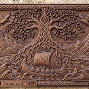 May include: A rectangular dark brown wooden wall plaque featuring a detailed relief carving of a Viking ship sailing on stylized waves beneath a large tree with intertwined roots, flanked by two flying birds and mountains, with Digital Download - STL text.