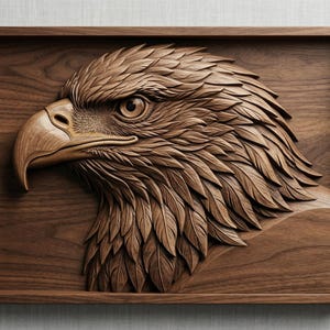 May include: A detailed, wooden relief carving of an eagle's head, set within a rectangular frame. The eagle's profile is rendered with intricate detail, showcasing feathers and a sharp beak. The wood has a warm, brown tone.