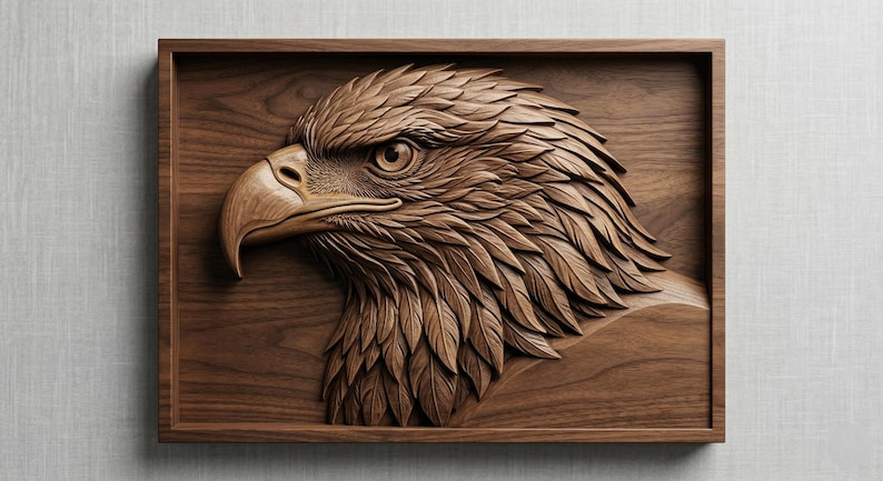 May include: A detailed, wooden relief carving of an eagle's head, set within a rectangular frame. The eagle's profile is rendered with intricate detail, showcasing feathers and a sharp beak. The wood has a warm, brown tone.
