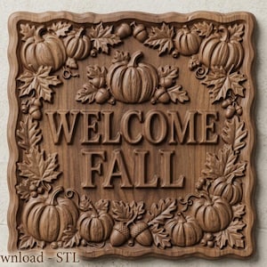 Puede incluir: Una placa de pared cuadrada de madera con un relieve tallado de calabazas, bellotas y hojas de arce que rodean el texto "WELCOME FALL" en el centro. La veta de madera marrón natural es visible en toda la superficie texturizada detallada.