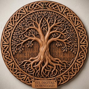 May include: A circular wooden wall plaque featuring a detailed relief carving of a tree with intricate roots and branches. The background displays engraved runic characters. A border of Celtic knotwork surrounds the tree. A small wooden sign reads STL DIGITAL DOWNLOAD.