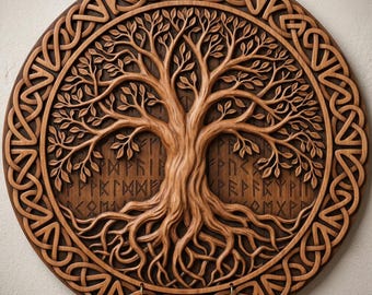 Yggdrasil Tree of Life Celtic Relief 3D STL Model and Depth Map for CNC Router Artcam Vectric Aspire Laser Engraving Norse Digital File