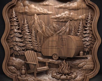 Camper Trailer Campfire Relief 3D STL Model and Depth Map for CNC Router Laser Engraving Wood Carving Camping Decor Digital File Artcam