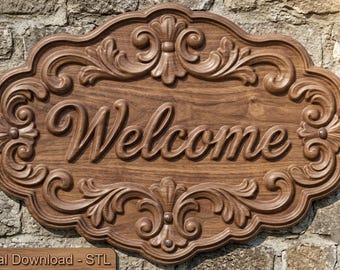 Welcome Relief 3D STL Model Ornamental Door Sign Plaque CNC Router Wood Carving File Digital Housewarming Decor Artcam