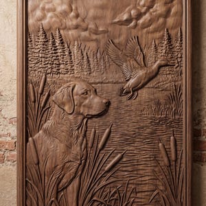 May include: A rectangular wooden wall plaque featuring a detailed relief carving of a dog sitting among cattails by a lake. A duck is depicted in flight above the water, with a forest of pine trees and clouds visible in the background.