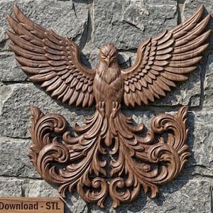 May include: A dark brown wooden wall carving featuring a phoenix with wings spread wide and intricate, swirling feather patterns forming the tail. The sculpture displays detailed plumage and a sharp beak, presented as a digital download STL file.