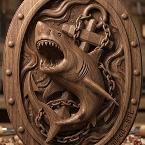 May include: An oval wooden wall plaque featuring a high-relief carving of a shark with an open mouth, positioned in front of a large anchor and chain. The frame is decorated with circular studs and the text Digital Download - STL is visible.