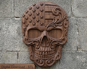 American Flag Skull Relief 3D STL Model CNC Router Wood Carving File Digital Download Patriotic Wall Decor Artcam