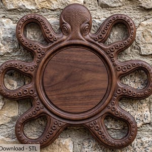 May include: A dark brown wooden wall plaque shaped like an octopus with a central circular panel. The octopus features detailed tentacles with visible suction cups and a textured head. The text Digital Download - STL is visible at the bottom.