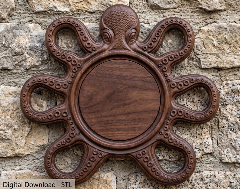 May include: A dark brown wooden wall plaque shaped like an octopus with a central circular panel. The octopus features detailed tentacles with visible suction cups and a textured head. The text Digital Download - STL is visible at the bottom.