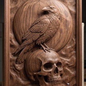 Plaque murale en relief 3D Crâne avec corbeau sur la lune : modèle STL 3D et carte de profondeur pour fraiseuse CNC Artcam Vectric. Fichier numérique décoratif gothique.