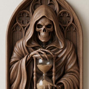 May include: A brown wood-toned wall plaque featuring a hooded skeleton figure holding an hourglass. The figure is set within a gothic arched frame with intricate carved details. The text Digital Download - STL is printed at the bottom right.