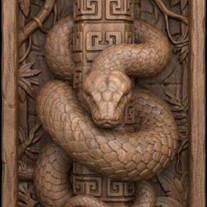 May include: A rectangular wooden wall relief carving featuring a snake coiled around a central pillar with geometric patterns. The background displays carved foliage and branches. The bottom right corner contains the text Digital Download - STL.