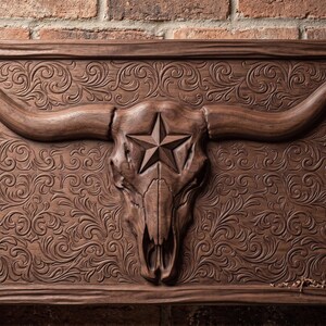 Schedel van een Longhorn-stier met Texas-ster 3D-reliëf, houten 3D STL-model en dieptekaart voor CNC-router Artcam Western Teksas Decor digitaal bestand