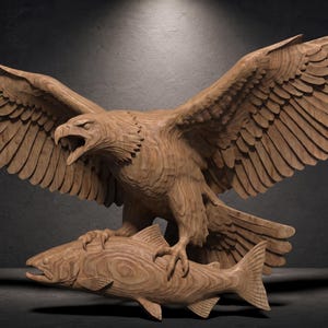 Bald Eagle Catching Fish Relief 3D STL Model & Depth Map for CNC Router, Laser Engraving, Wood Carving. Wildlife Wall Art Digital File