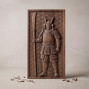 Samurai-Krieger mit Naginata – 3D-Relief aus Holz, 3D-STL-Modell mit Tiefenkarte für CNC-Fräse, Artcam Vectric, Japanische Wohndekoration, digitale Datei