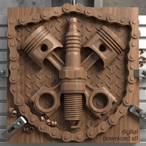 May include: A square wooden carving featuring a central spark plug flanked by two crossed engine pistons, all set against a diamond plate background and framed by a continuous metal chain link border. The text digital download stl is visible.