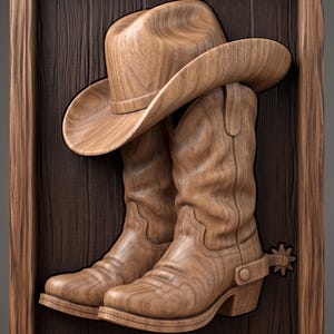 3D-reliëf houten bord met cowboylaarzen en -hoed, 3D STL-model en dieptekaart voor CNC-router Artcam Vectric Aspir, western country decor digitaal bestand.