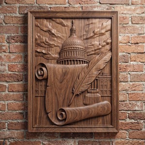 May include: A rectangular wooden wall plaque featuring a detailed relief carving of the United States Capitol dome, a large unrolled scroll, a quill pen, and an inkwell. The artwork is framed in wood and displays a natural brown wood grain finish.