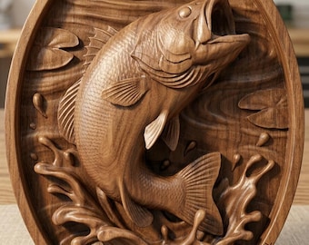 Modelo 3D STL de pesca de lubina para tallado en madera ovalado CNC, relieve de pez saltando con salpicaduras de agua, descarga digital para Artcam