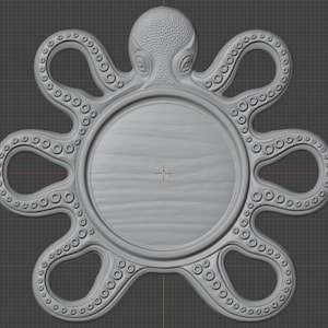 May include: A gray, circular, three-dimensional digital model of an octopus with a textured head and eight symmetrical tentacles surrounding a smooth, flat, circular center. The design features detailed suction cups along each tentacle.