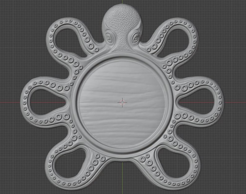 May include: A gray, circular, three-dimensional digital model of an octopus with a textured head and eight symmetrical tentacles surrounding a smooth, flat, circular center. The design features detailed suction cups along each tentacle.
