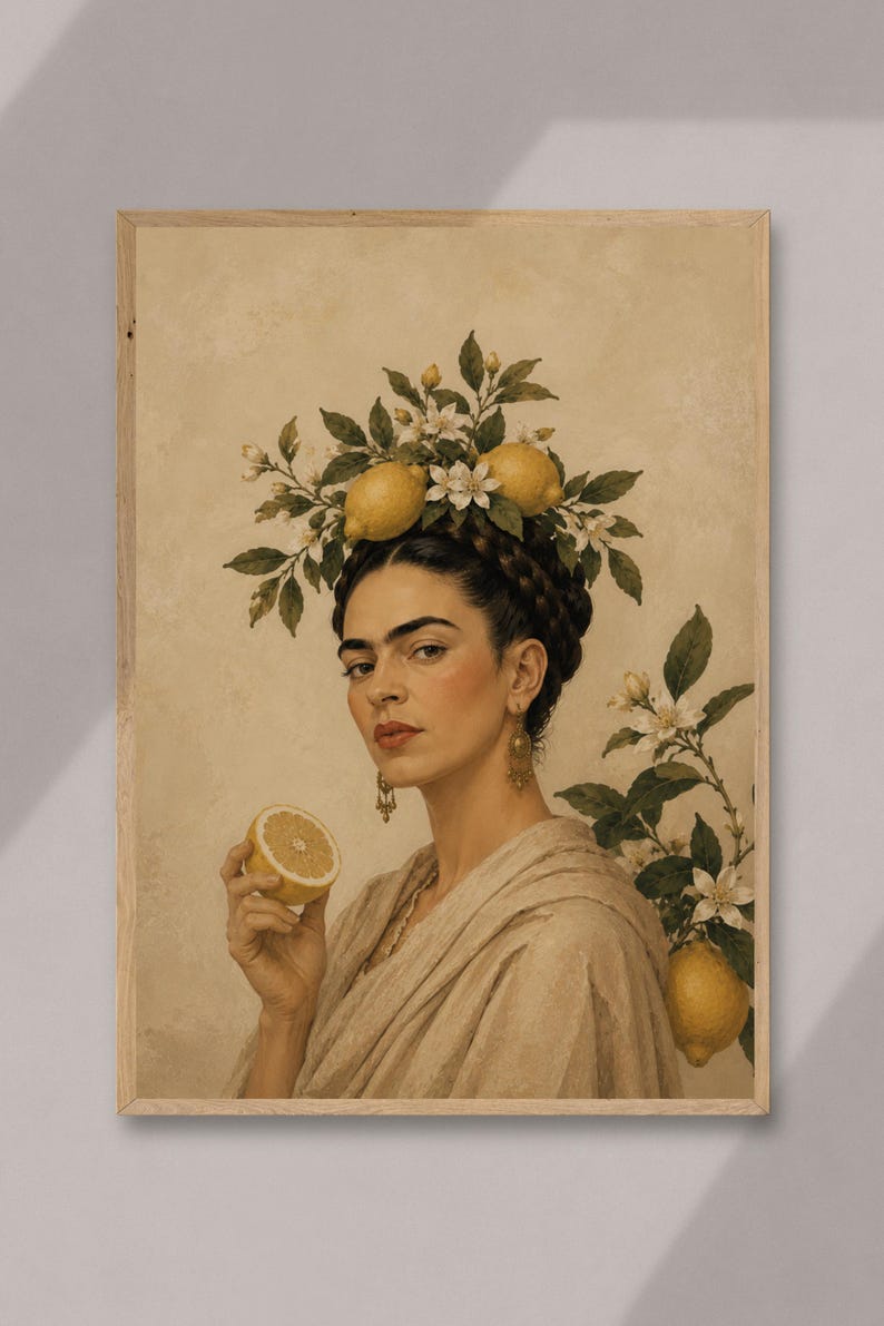 Frida Lemon Wall Art, Botanical Portrait Print, Neutral Boho Canvas ...