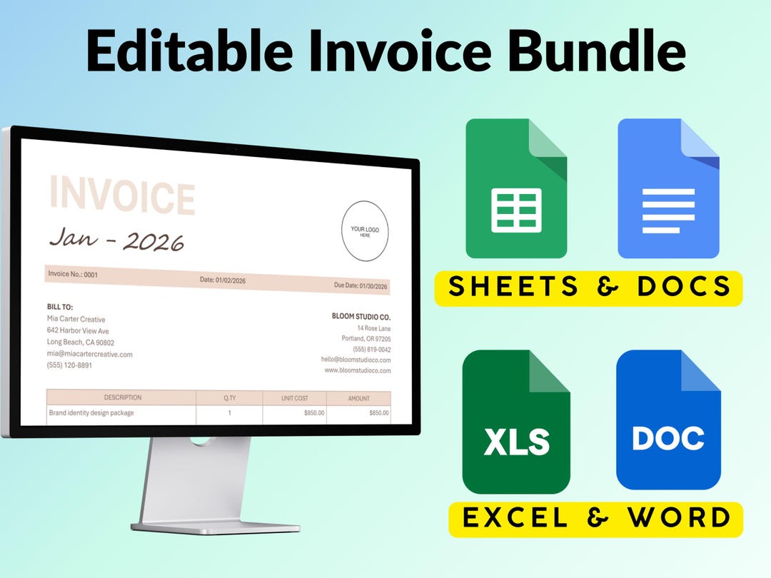 Editable Invoice Template Bundle | Auto-calculating Excel, Word, Google ...
