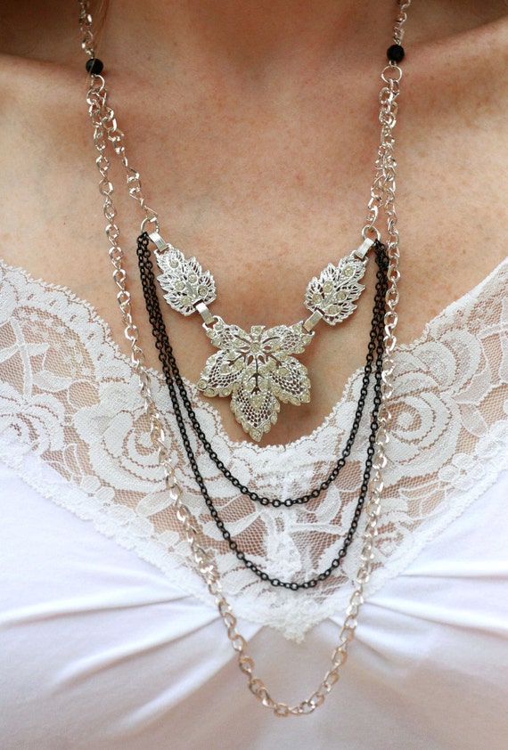 Items similar to Beautiful Repurposed Rhinestone and Silver Necklace on ...