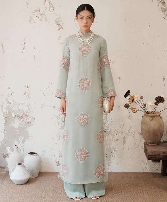 Pastel Sage Silk Ao Dai – Intricate Floral Embroidery Gown, Traditional Vietnamese Dress