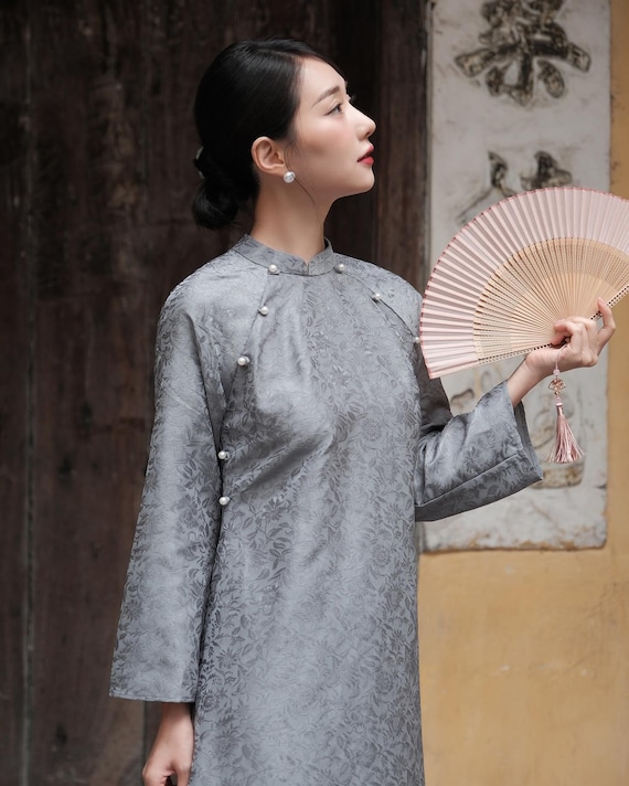 Pearl Grey Jacquard Ao Dai – Floral Brocade Silk Dress, Pearl Accents, Tet Outfit