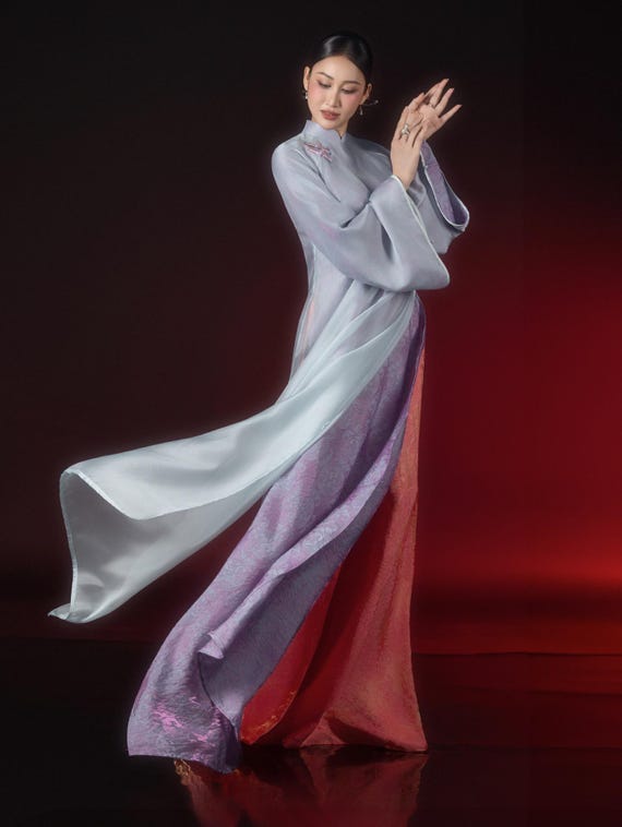 Ombré Gradient Silk Ao Dai – Vietnamese Traditional Tunic, Elegant Formal Gown