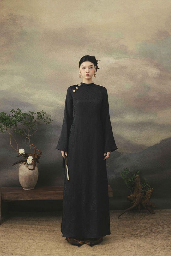 Midnight Noir Silk Ao Dai: Vietnamese Traditional Gown with Gold Blossom Clasps