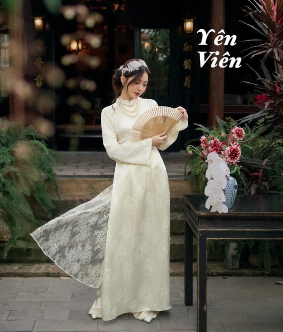 Cream Brocade Ao Dai – Vietnamese Silk Dress, Lunar New Year Gala, Minimalist Elegance