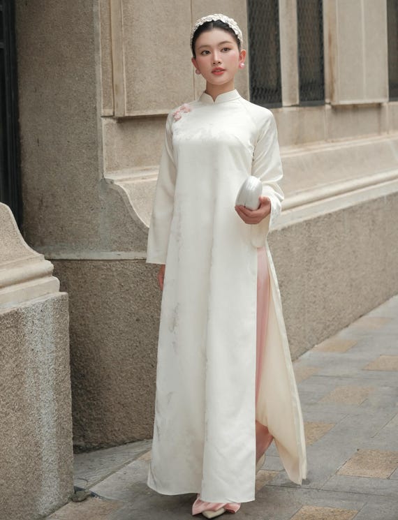Pearl White Butterfly Jacquard Ao Dai: Mulberry Silk Tunic, Vietnamese Formal Dress