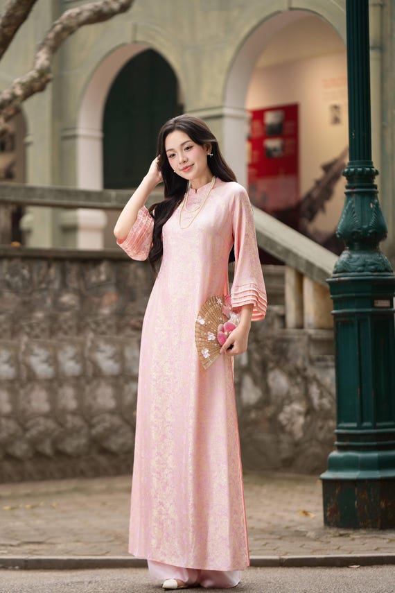 Pink Brocade Ao Dai Set – Vietnamese Traditional Tunic Silk Pants, Tet Outfit